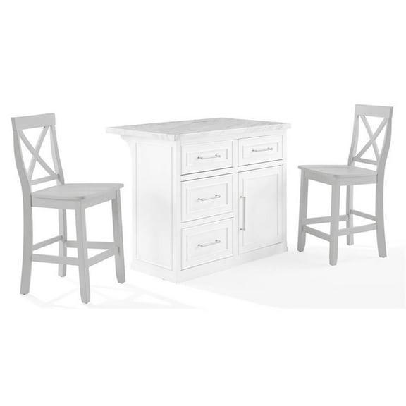 Pemberly Row 3-Piece Wood Kitchen Island w/ X-Back Stools in White