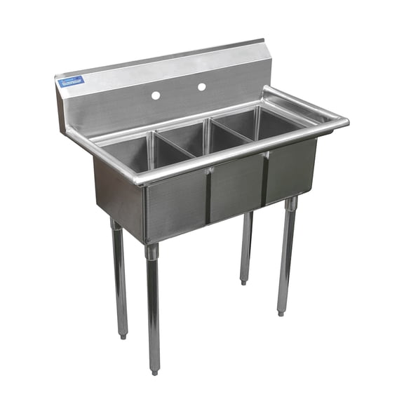 36 in. x 20 in. Stainless Steel Three Compartment Sink Fauet With 10 in. x 14 in. Bowls