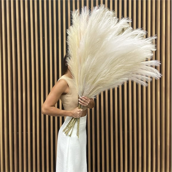 Sensia. Sensia Home Decor Faux Pampas Grass Beige, Bulrush Reed Boho Tall Fluffy Feather Floral Pompas Stems for Floor Vase Filler 43.3'' Long Artificial Fake Dried Flowers and Non Shedding(3Pack)
