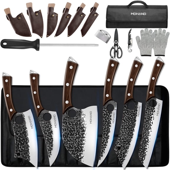 MDHAND 13-Piece Butcher Knife Set, Hand Forged Chef Knife, Boning Knives with Sheaths, High Carbon Steel Carving Fish Slicer, for BBQ Camping Kitchen