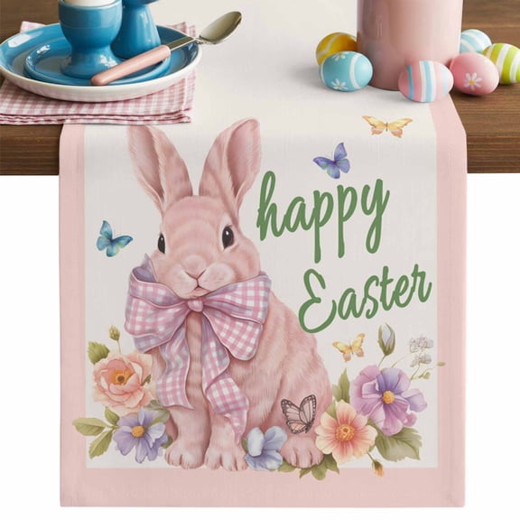 Happy Easter Table Runner, Pink Rabbit Bow Purple Flower Blue Butterflies Cotton Linen Kitchen Table Decoration Washable Dining Tabletop Runners for Home Party Decor 13x48 Inches