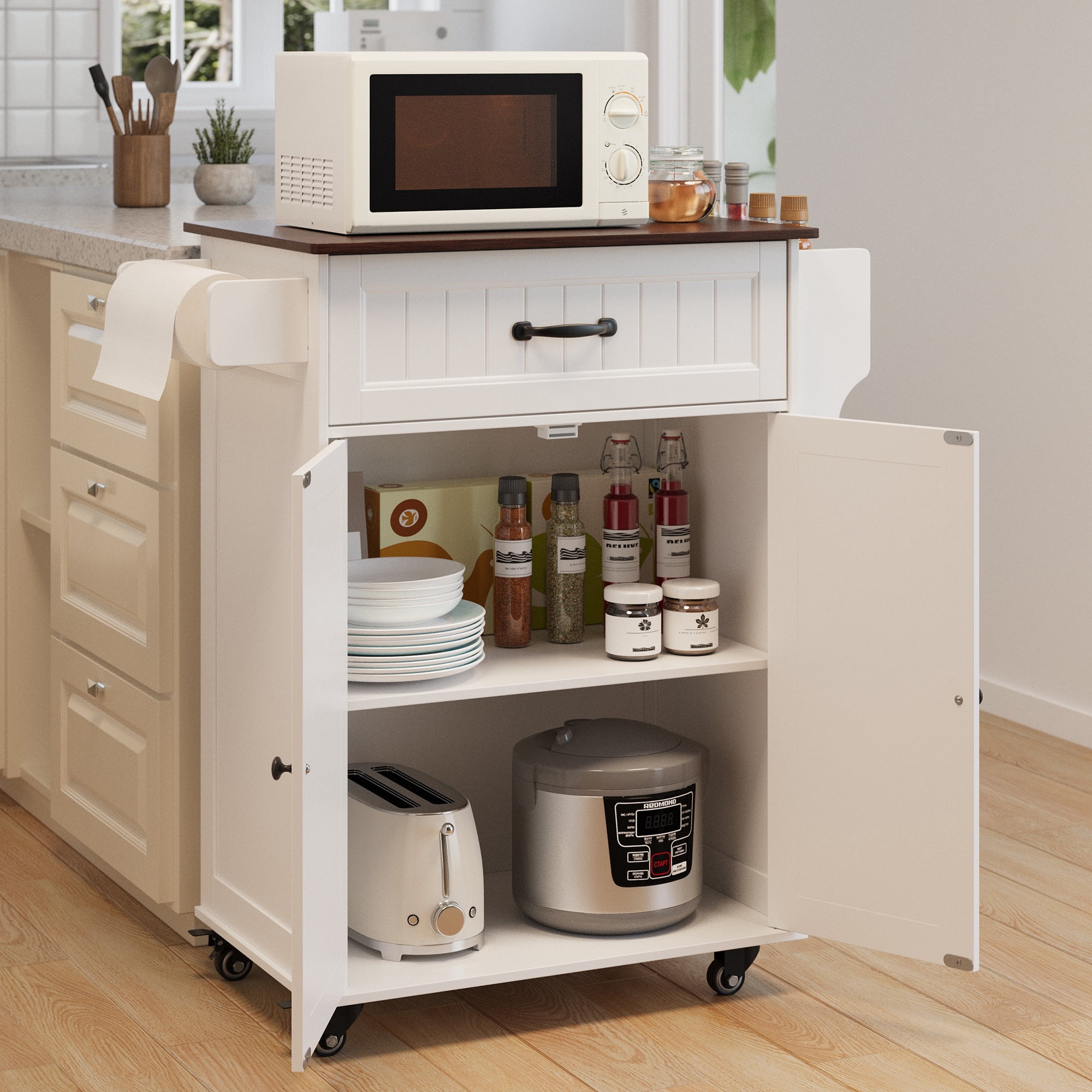 Asofer 33.6" Kitchen Island Cart with Storage, Adjustable Shelf & Drawer, for Dining Room, Retro