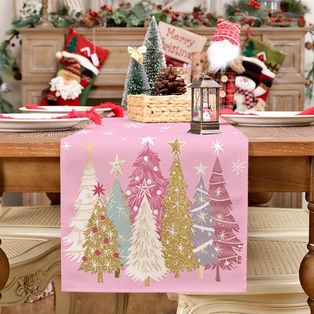 Christmas Table Runner 13x72 Inch, Xmas Trees Snowflakes Winter Holiday Decorative Farmhouse Table Decorations for Kitchen Dinning, Indoor Outdoor Dinner Party Decor