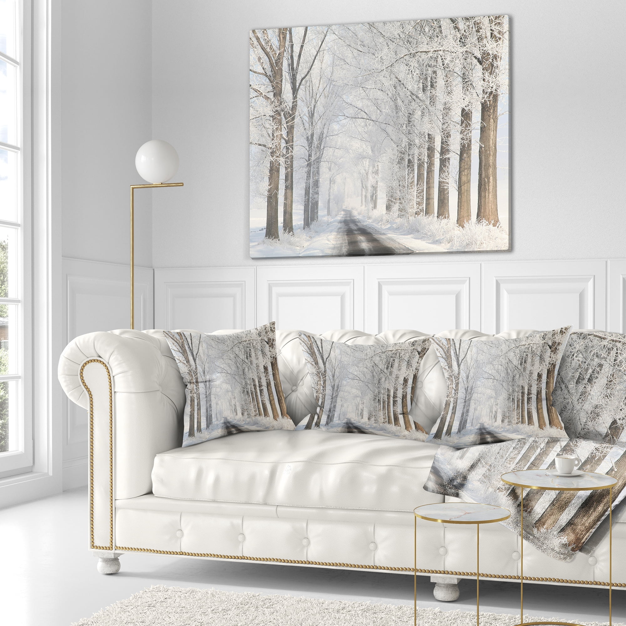 Designart Road Through Frosted Forest - Landscape Photo Throw Pillow - 18x18