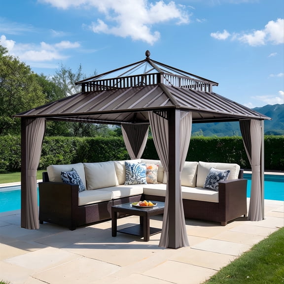 SUNJOY Kingston 12x12 Gazebo, Steel & PC Roof Hardtop Gazebo with Curtain and Netting - Brown Aluminum Posts