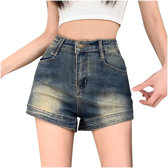 THDHVS Jean Shorts Womens,Denim Shorts for Women,Women's Casual Mid Rise Denim Shorts Stretch Hem Jean Shorts Blue L