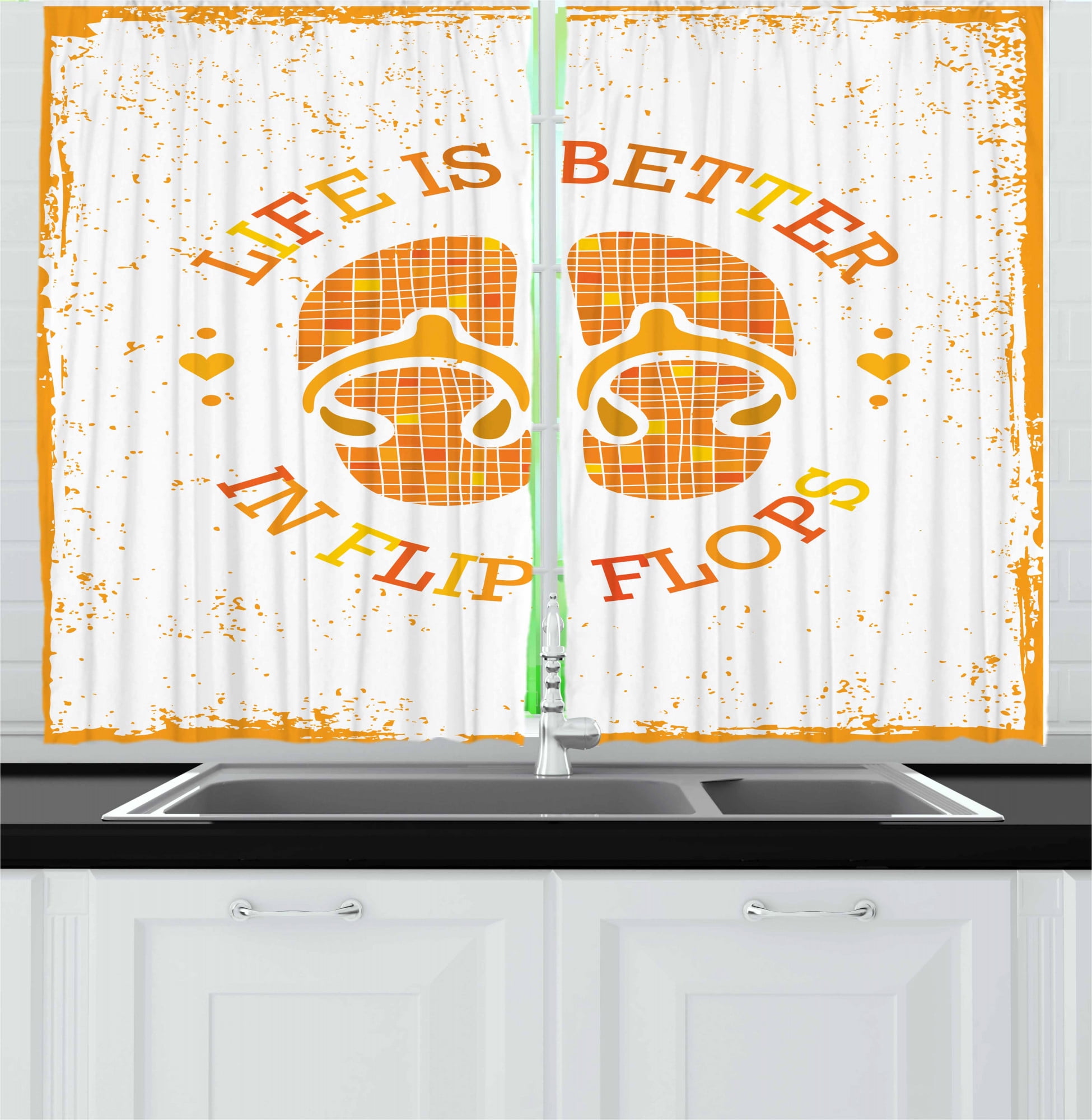 Flip Flop Kitchen Curtains, Stained Grungy Design of Circular Life is Better in Flip Flops Text, Two Panels Drapes with Rod Pocket Room Decor, 55