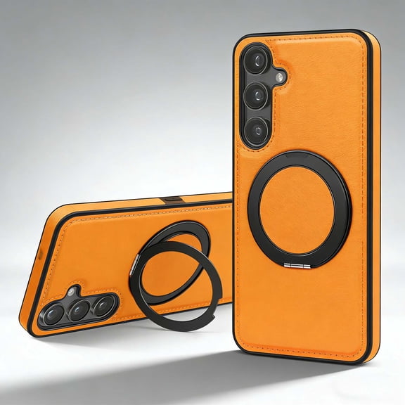 for Magnetic Samsung Galaxy S26  Case, PU Leather Phone Case [Compatible with MagSafe] Rotatable Ring Holder Kickstand Design Shockproof Women Men Girls Boys Protective Phone Cover,Orange