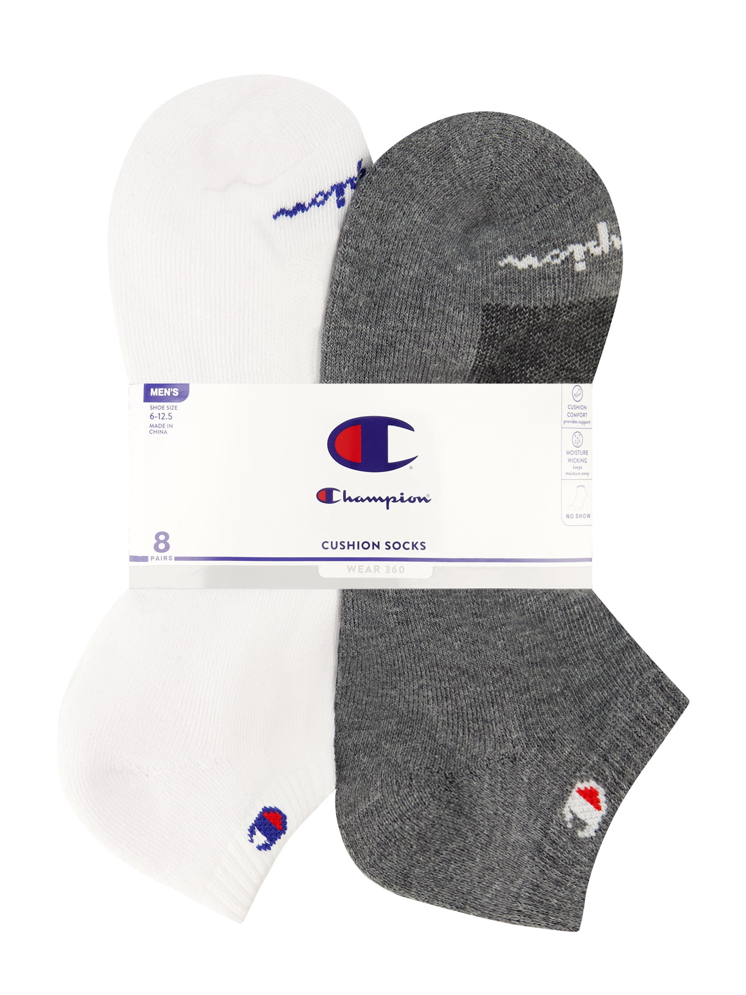 Champion Men’s No Show Socks 8 Pack – Half Terry Cushion, Moisture-Wicking, Arch Support, Stretch Comfort, Sizes 6–12.5