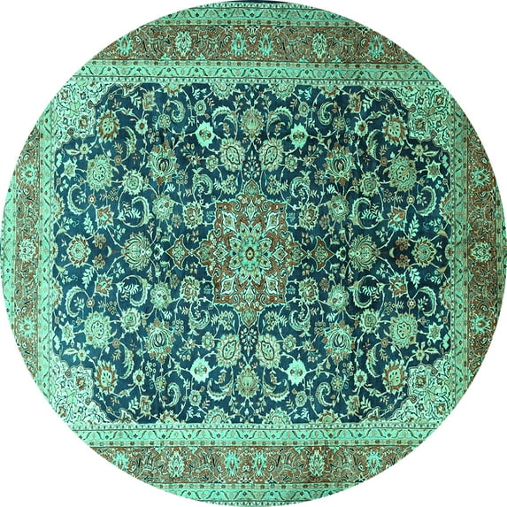 Ahgly Company Machine Washable Indoor Round Medallion Turquoise Blue Traditional Area Rugs, 7' Round