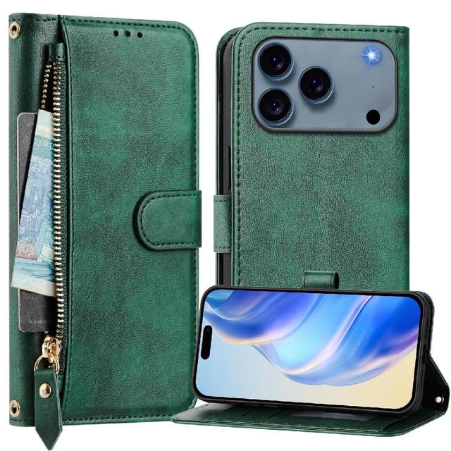 Zipper Wallet Case for iPhone 17 Pro Max with Card Slots & Wrist Strap, Flip Cover Stand Green