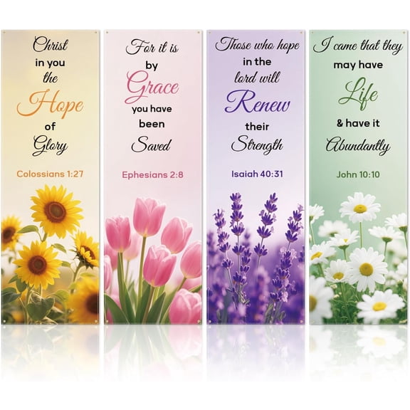 4PCS Church Banners for Sanctuary Wall Sunflower Tulip and Lavender 72"x24" Christian Tapestry with Scripture Bible Verses Baptism