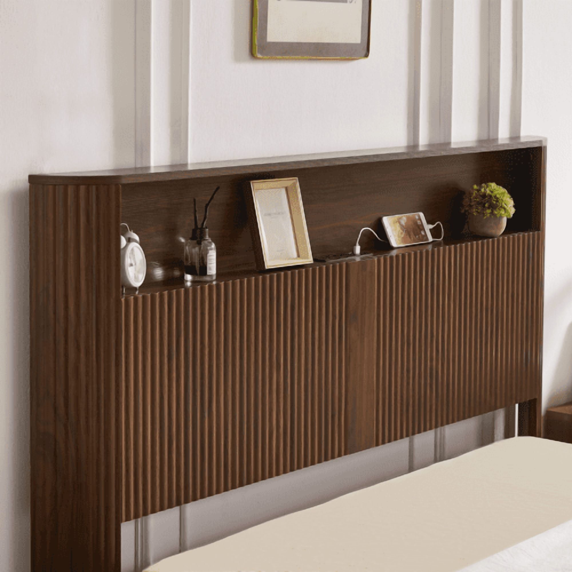 Full XL Bed Frame with Storage Headboard & Built-in Charging Station - Modern Wavy Design, Silent Metal Support, Walnut Finish, Farmhouse Bed