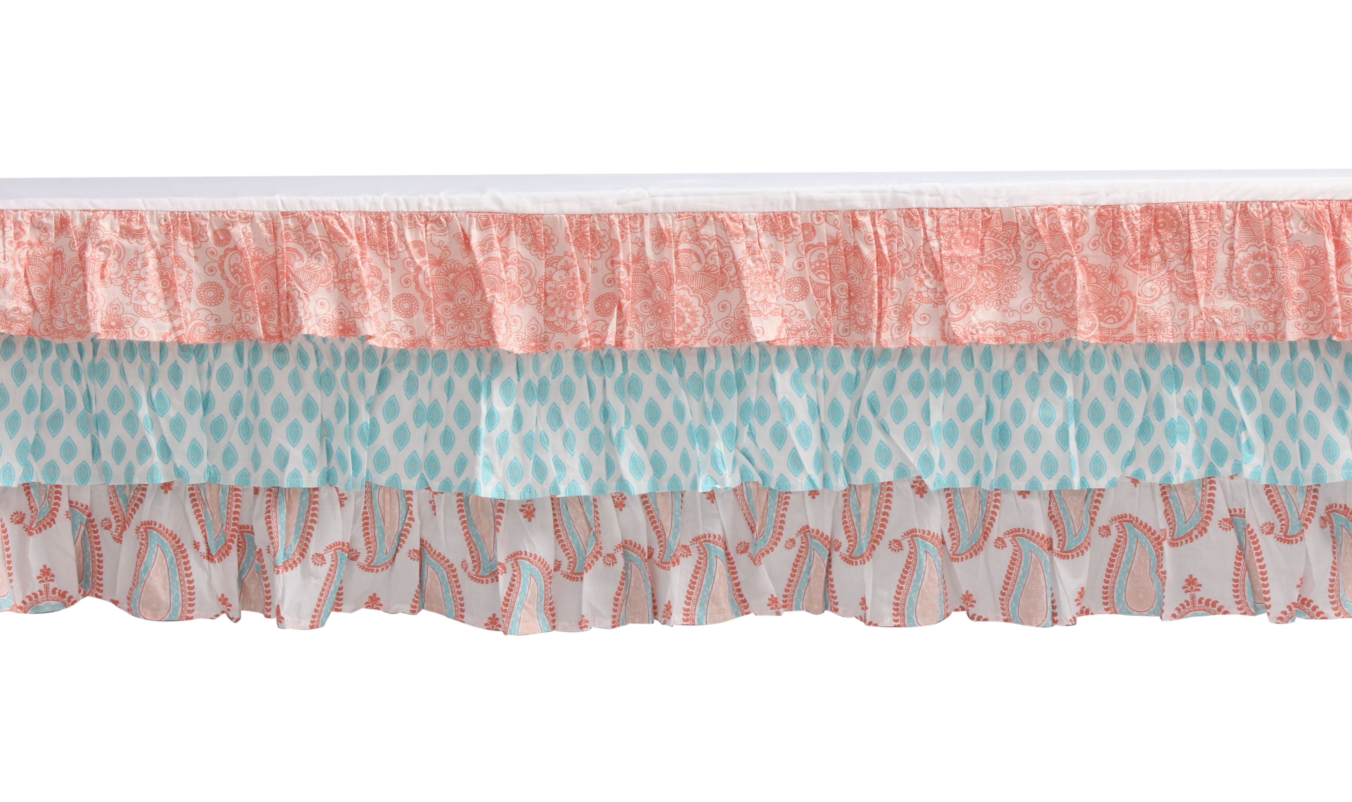 Bacati - Paisley Sophia 4-Piece Crib Bedding Set with Diaper Stacker - Coral/Aqua Girls