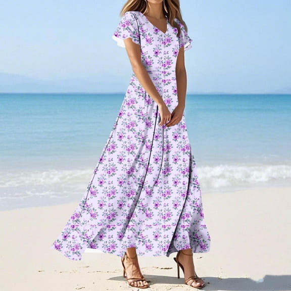 asdoklhq Womens Dress Fashion Casual Printed Slim Women Casual Short Sleeve V-Neck Knee-High Dress Multicolor L