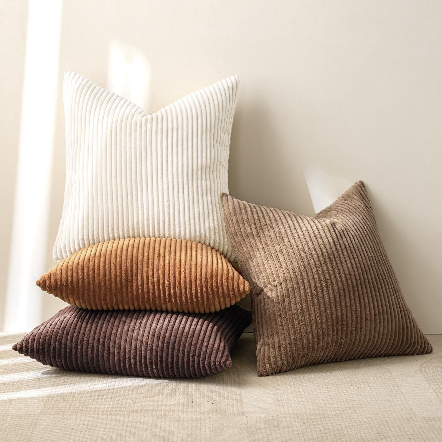 Boho Farmhouse Throw Pillow Covers 18x18 Inch Set Of 4 Rustic Mordern Neutral Cushion Soft Corduroy Nordic Home Decor For Couch Bed Sofa Living Room Brown