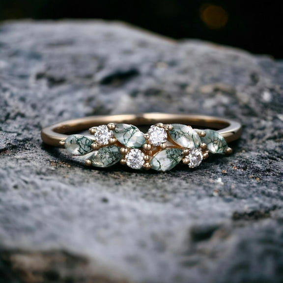 thejewelryart Vintage-Inspired Marquise Cut Moss Agate & Moissanite Wedding Band Handmade Ring Perfect Gift for Anniversaries Silver 3