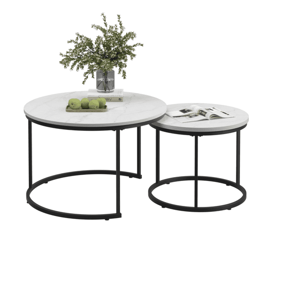 Gzxs Nesting Coffee Table Set of 2, 27.56" Round Coffee Table, White Marble Top with Black Metal Base, Industrial End Table Side Tables for Living Room Bedroom Balcony Yard