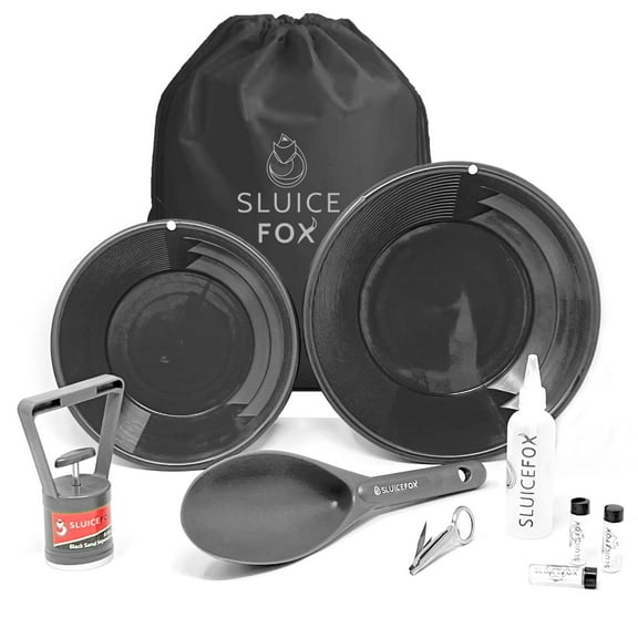 Sluice Fox Gold rush panning kit with backpack; 10-piece prospecting tools for adults and kids. Gold pan accessories; Black sand magnet, plastic gold shovel, snifter bottle, tweezers and gold vials