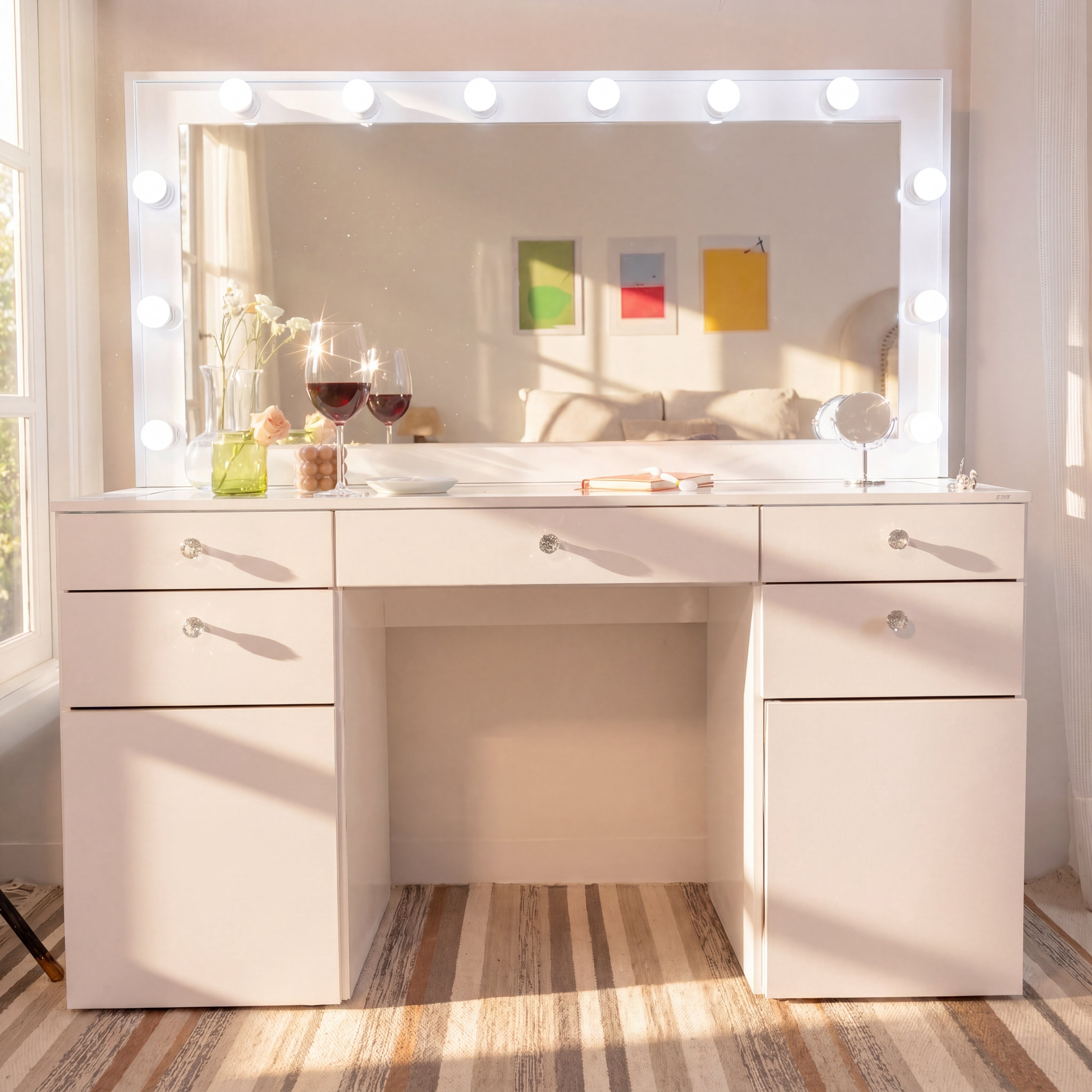 Boahaus Verona Large Vanity Desk with Mirror and Lights – 5 Drawer Makeup Vanity Table with Storage and Power Outlet