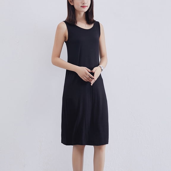 Soimiss 1Pc Mid-Length Black Sleeveless Dress Casual A-Line Loose Modal Spandex Fabric