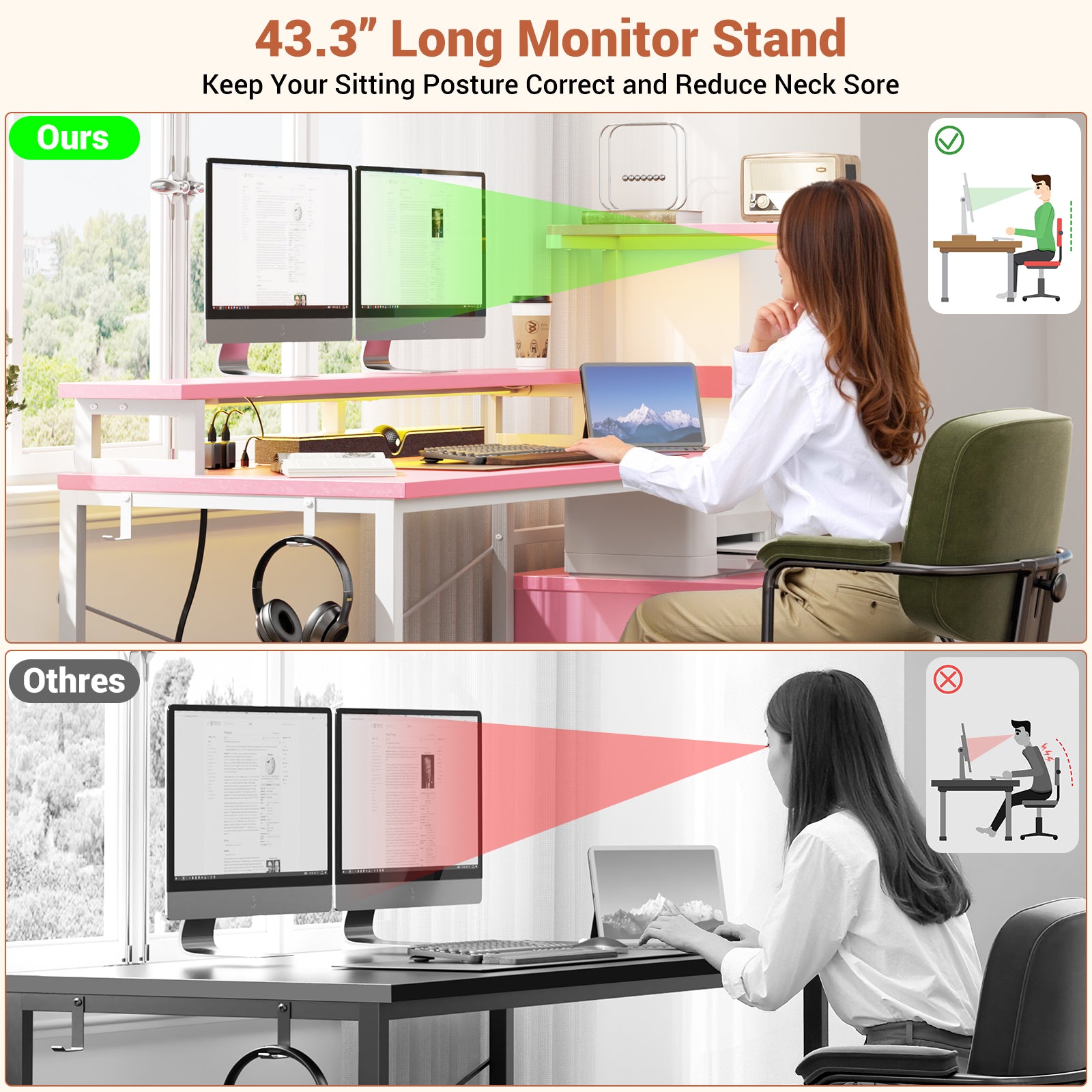 Homieasy Gaming Desk with LED Light Strip and Power Outlet, 59 Inch Reversible Computer Gaming Desk with Monitor Stand & Drawers, Pink