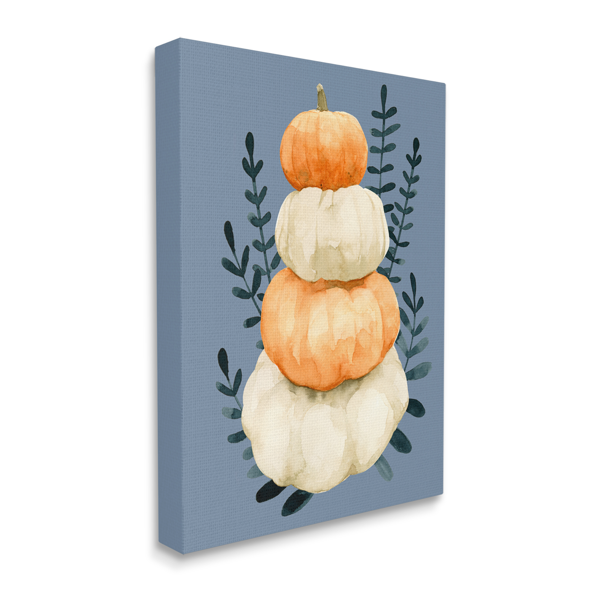 Stacked Fall Pumpkins Botanical Leaves Blue Background Botanical & Floral Painting Gallery-Wrapped Canvas Print Wall Art