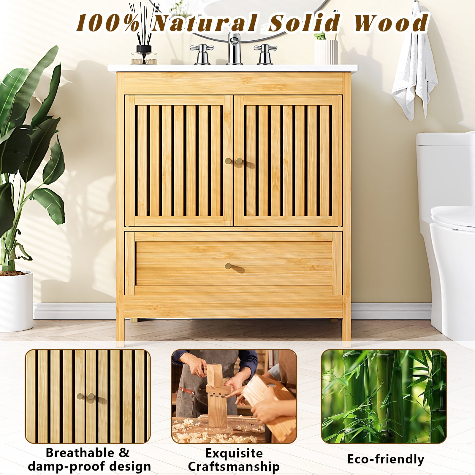 EVOKEDEN 30" Bathroom Vanity w/ Single Sink, Farmhouse Bamboo Storage Cabinet w/ Large Drawer & Built-in Shelves