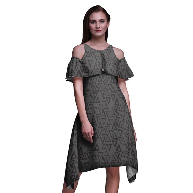 Bimba Grey Geometric Printed Womens Ruffle Front Cold Shoulder Swing Shift Dress - X-Small