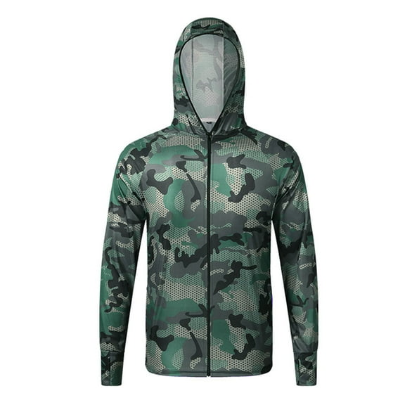 Guieoi Mens Coats and Jackets Winter Clearance Men Outdoor Long Sleeve Zipper Hooded Breathable Camouflage Thin Fishing Clothes Sun Protection Clothing Green Black*Friday/Cyber*Monday Clearance