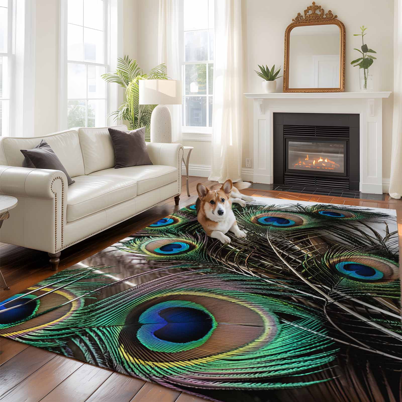 Large Area Rugs for Living Room Bedroom, Peacock Feather 8'x10' Rug Washable Carpet Runner Indoor Outdoor, Teal Blue Bird Feather Modern Art Printed Non Slip Floor Mats Rug for Kitchen, Patio