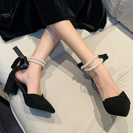 

Josdec Womens Shoes Clearance New French Pointed Thick Heels Shoes Baotou Pearl Belt Sandals