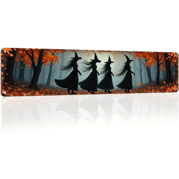 Autumn Witches Metal Tin Sign Halloween Wall Decor 4x16 Inch for Living Room Bedroom Entryway Kitchen Office