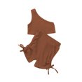 thumbnail image 1 of goowrom Toddler Kid Girl Casual Outfits Sets, Solid Color Oblique Shoulder Crop Tops with Elastic Waist Side Ruched Drawstring Shorts, 1 of 9