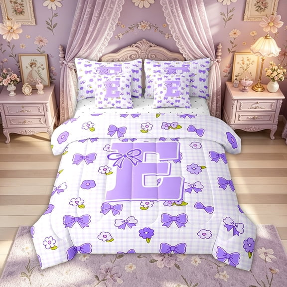 meiyoeat Cute Bow Letter E Twin Bedding, Floral Plaid Bedding Comforter Set for Kids Girls, Purple, Reversible, 7 Pieces