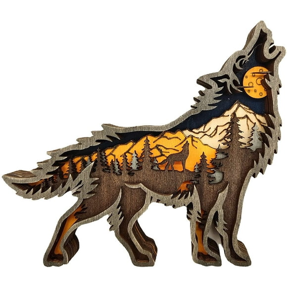 MISSUNNY Décoration Loup en Bois, Statue d'Animaux de la Forêt, Décorations de Collations en Bois pour la Maison