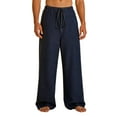 thumbnail image 2 of Mens Linen Pants Summer Casual Lightweight Wide Leg Trousers Drawstring Elastic Waist Comfort Loose Travel Beach Long Pants, 2 of 9