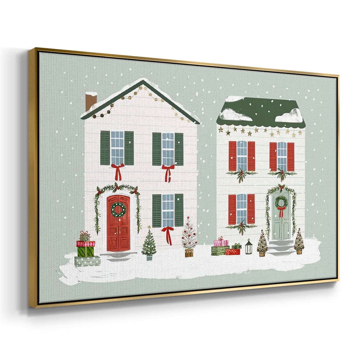 Festive Front Door Collection A - Framed Gallery Wrapped Holiday Canvas - 25 x 37 - Gold Frame
