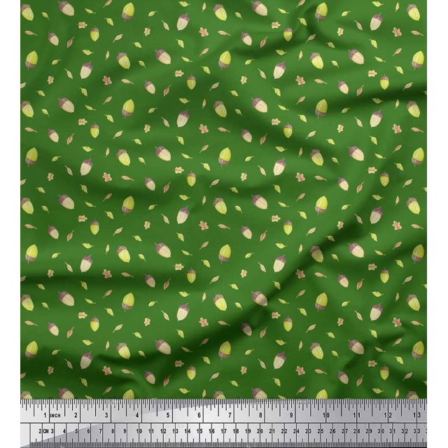 Soimoi Green Rayon Fabric Oaknut & Oak Leaves Print Fabric by The Yard 56 Inch Wide