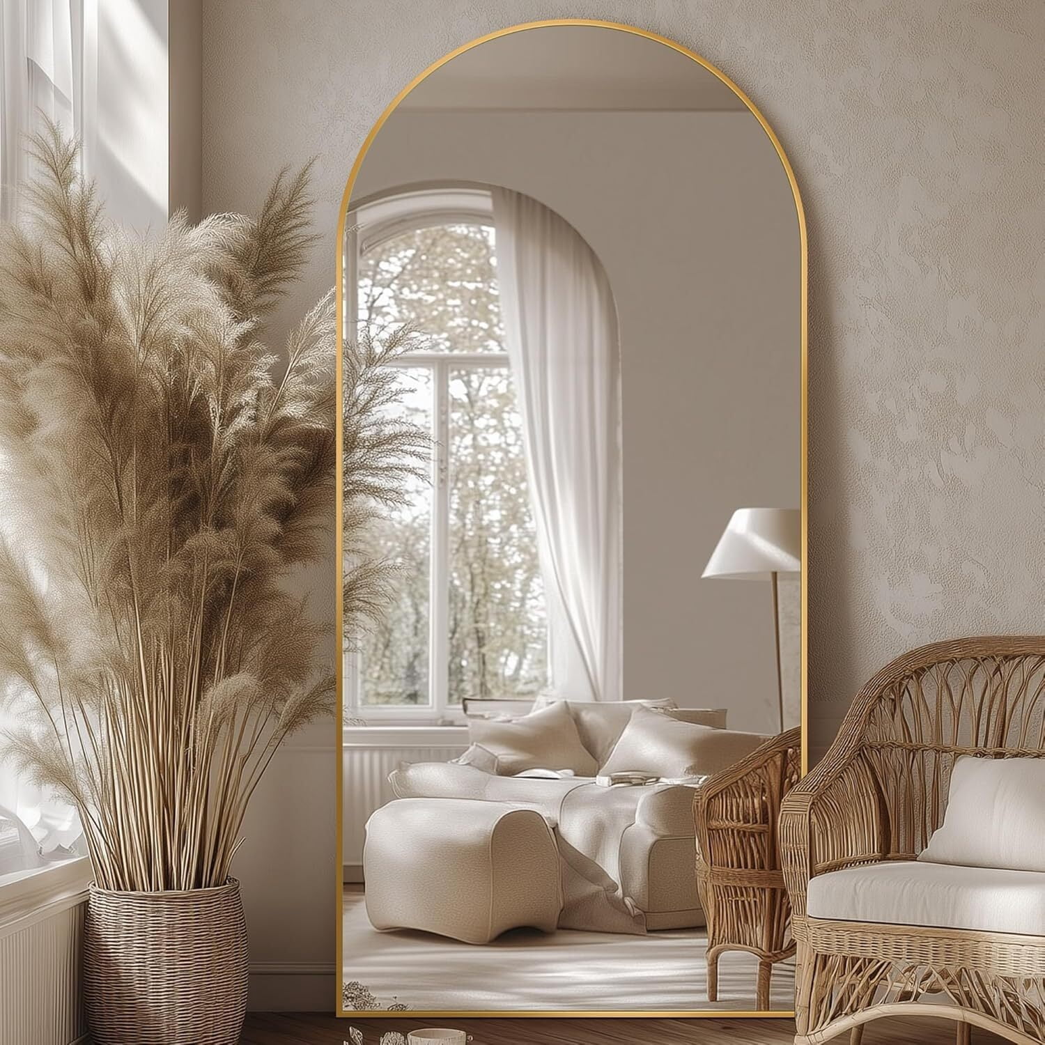 Anyrose 76"x 34" Arched Full Length Mirror Floor Mirror with Stand Wall-Mounted,Gold