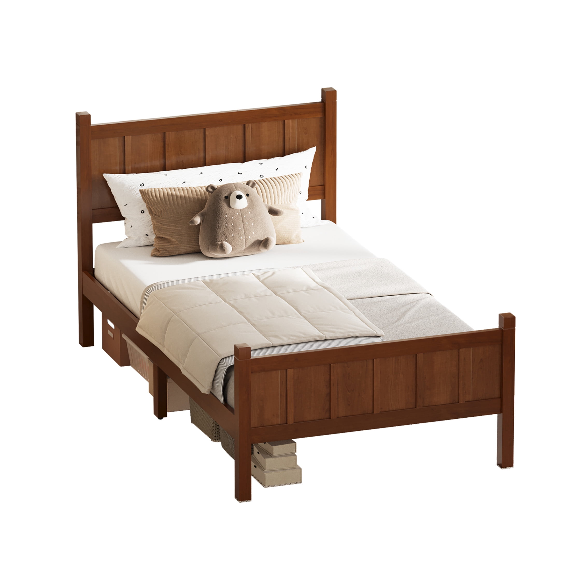 Noble House Twin Platform Bed with Headboard and Footboard, Wood Frame, Dark Walnut