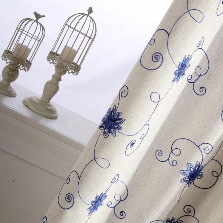 VOGOL Blue Floral and Vines Embroidery Linen Curtain Window for Bedroom Living Room, Light Filtering, Top Grommet, 2 Pieces, W52"xL84"