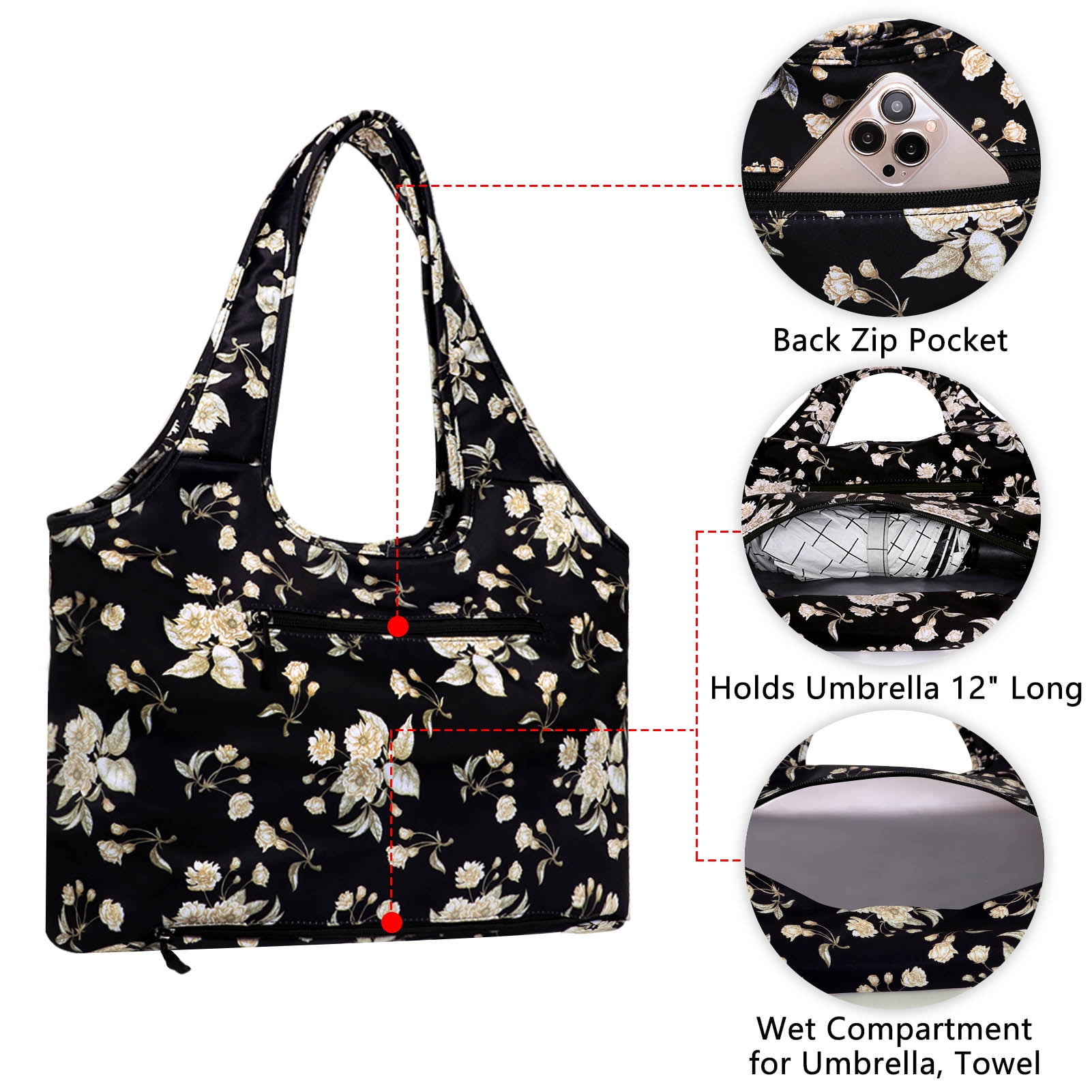 HAWEE Floral Tote Bags for Women Zipper Closure Utility Work Shoulder Bag with Laptop Sleeve Wet Umbrella Pocket, Beige Flower