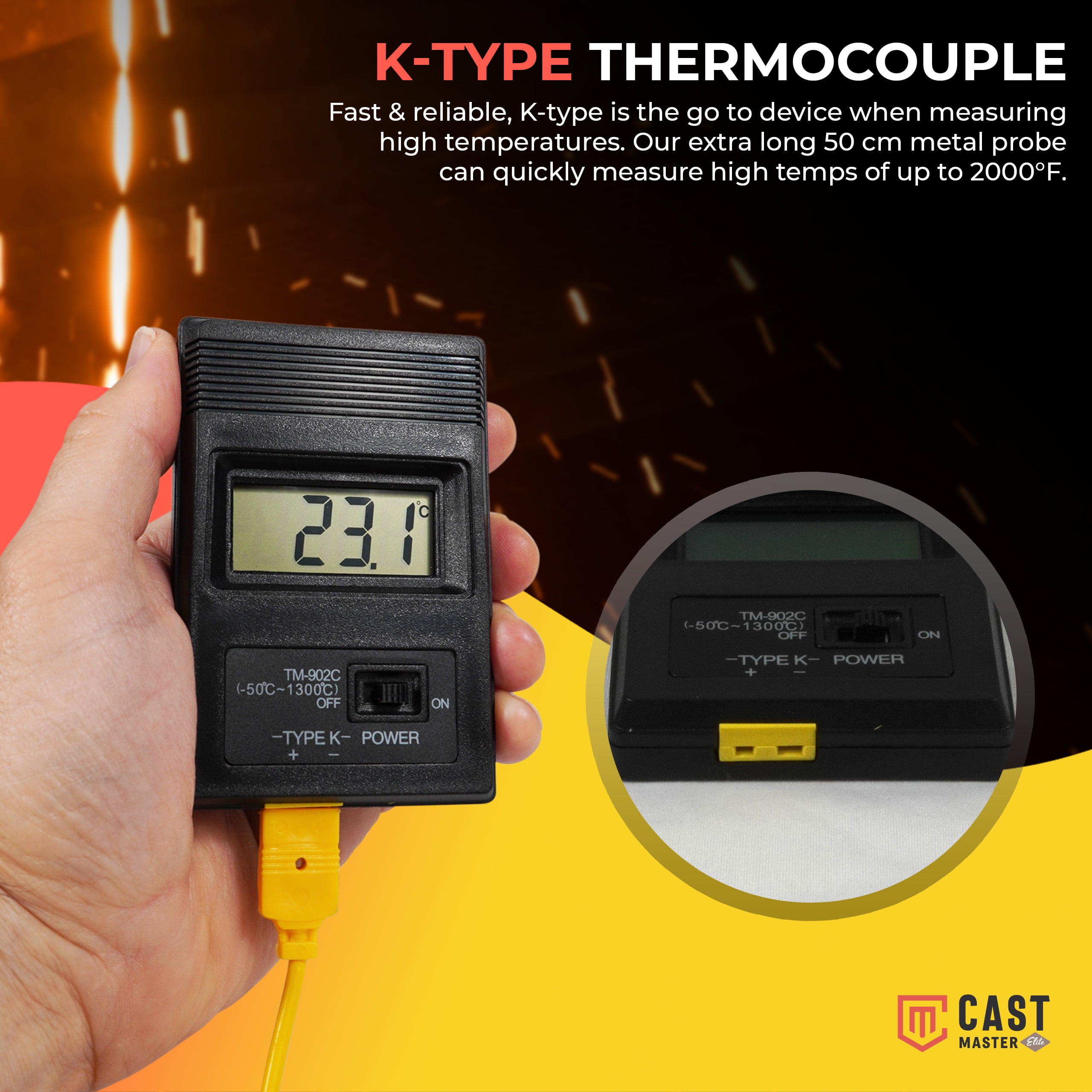 Very High Temperature K-Type Thermometer with Ceramic Insulated Probe  Sensor for Kiln, Crucible and Forge up to 2372 °F 1300 °C Model CR-8