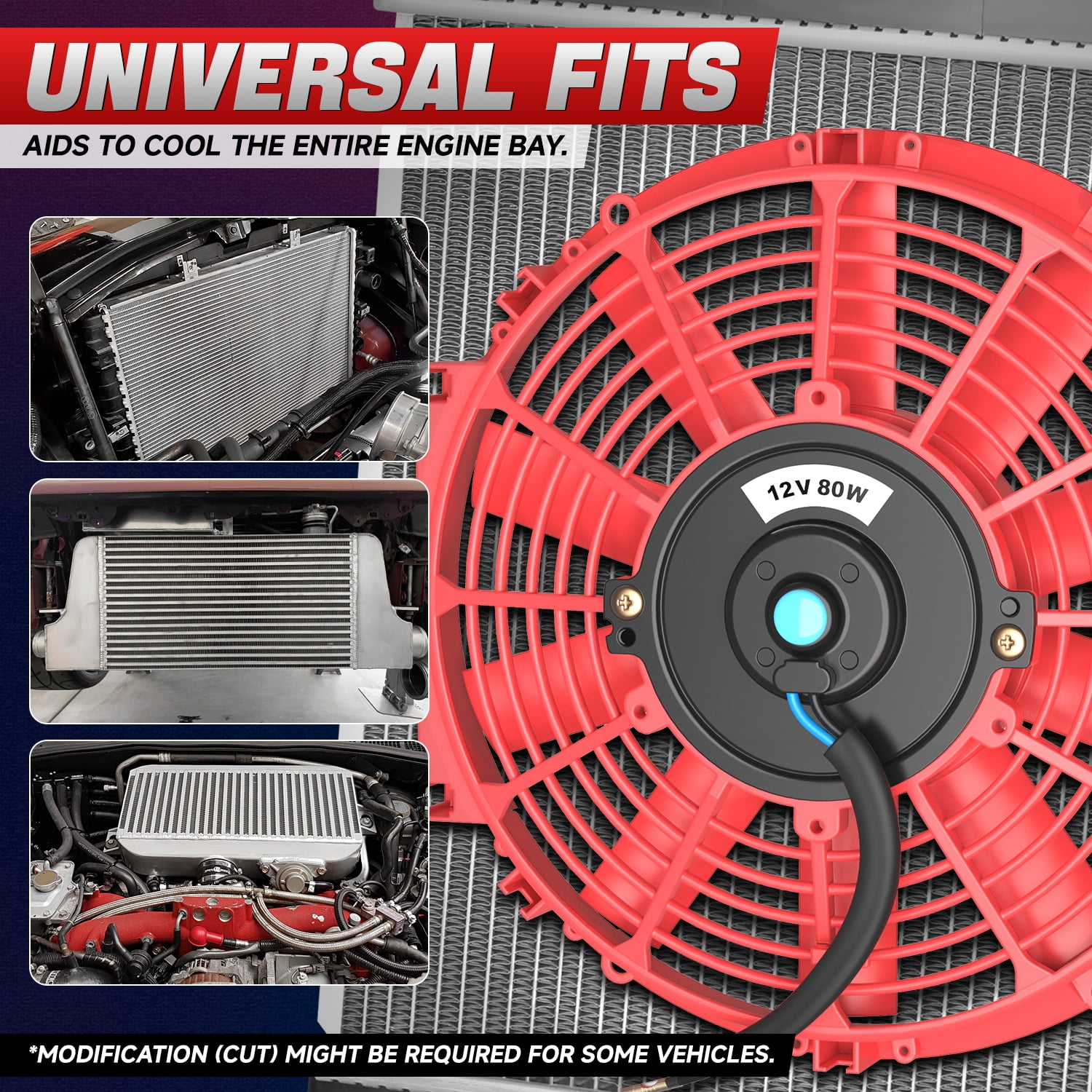 DNA Motoring 12 Inch Universal Slim Pull/Push Radiator Engine Bay Cooling Fan + Mounting Kit Red
