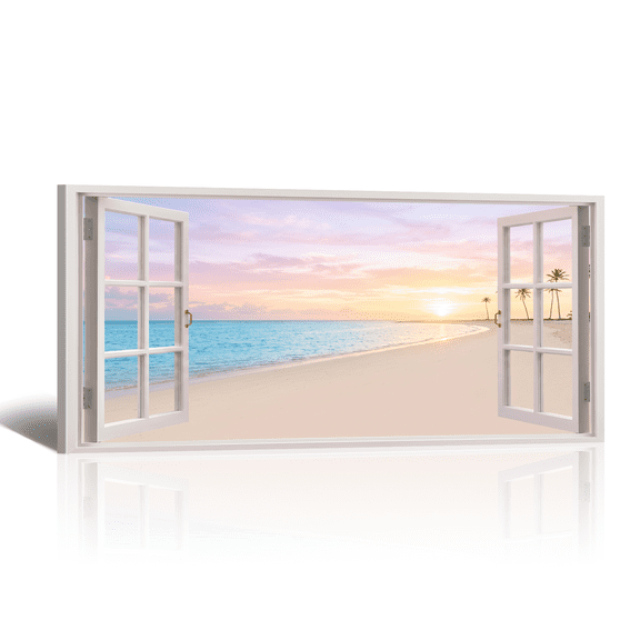 Sunset Window Canvas Wall Art, Large Dusk Beach Landscape Canvas Prints Horizontal Pink Coastal Seascape Artwork Paintings for Living Room Bedroom Home Decor