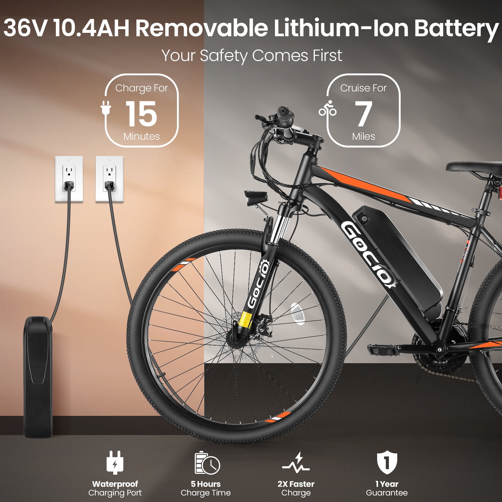 Gocio 26" Electric Bike, 350W Electric Bike for Adults 19.8MPH Electric Mountain Bike, LCD, Lockable Suspension Fork, 374.4Wh 36V Battery UL2849 Certified, 21-Speed E-Bikes Adult Electric Bicycle