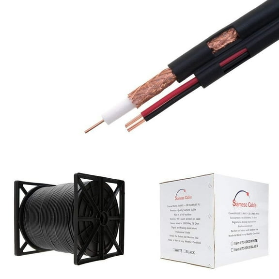 250FT Black Bulk Siamese RG59/U Coax Cable, 20AWG + 18/2 Power Wire, 95% Shield Coverage for CCTV & Security Systems, Cables Direct Online