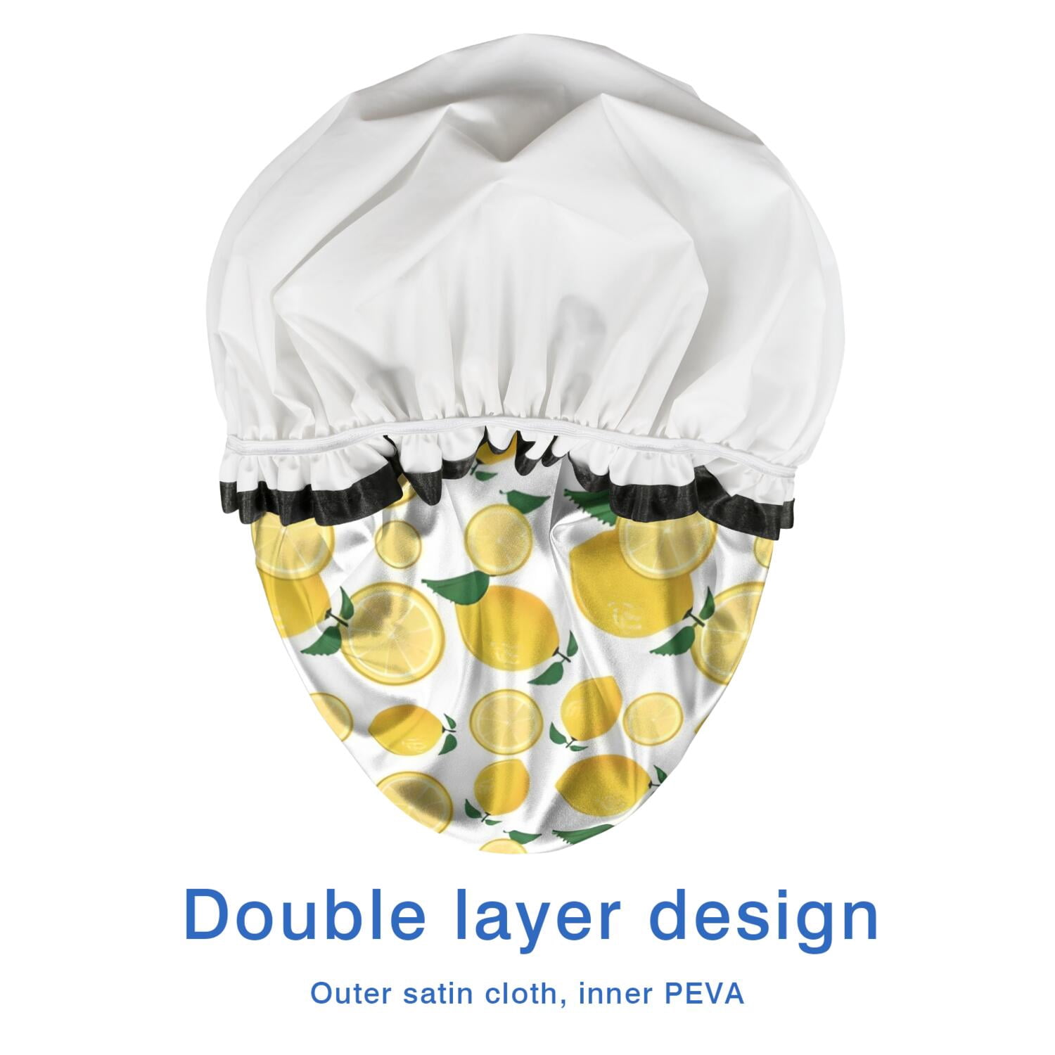 Shower Caps,Yellow Lemon Fruit Slices White Pattern Waterproof Shower Cap for Women 4 Pieces,Double Reusable Hair Cover for Shower PEVA Elastic Stretch Hem