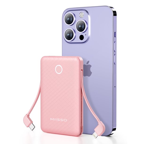 Power Bank miisso 6000 mAh ultradelgado con cables integrados rosa